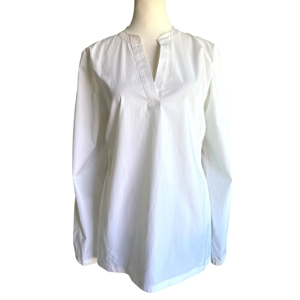 Athleta Womens Shirt Medium Tunic Blouse Pullover White Elastic Waist Oversizedโ